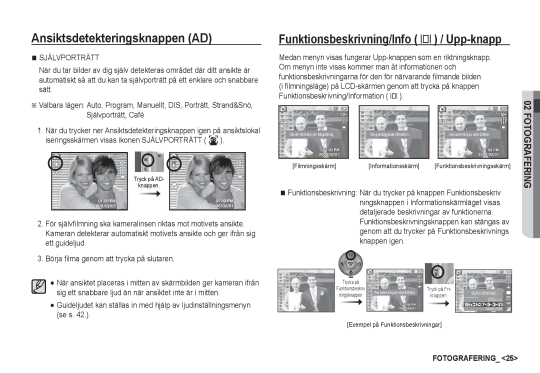 Samsung EC-S1050SBB/E2, EC-S1060BDA/E3, EC-S1060SDA/E3 manual Funktionsbeskrivning/Info î / Upp-knapp, Självporträtt 