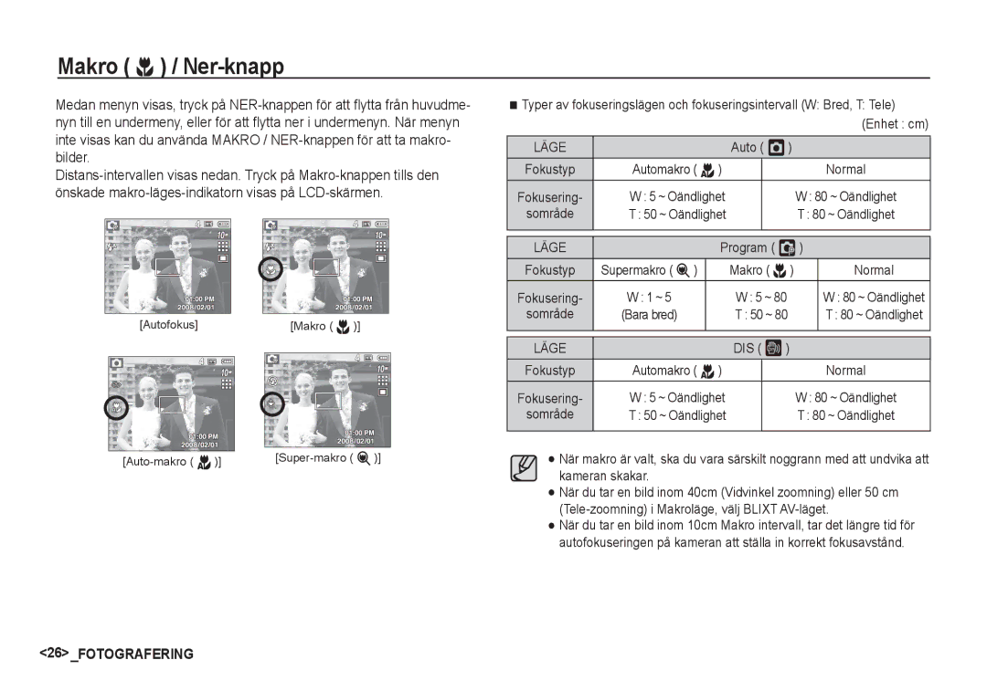 Samsung EC-S1060BBA/E2, EC-S1060BDA/E3, EC-S1060SDA/E3 manual Makro e / Ner-knapp, Auto Š, Supermakro Makro e, DIS ÿ 