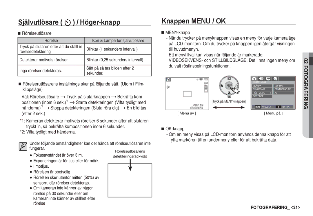 Samsung EC-S1050SBC/E2, EC-S1060BDA/E3, EC-S1060SDA/E3, EC-S1060SBA/E2, EC-S1050BDA/DE, EC-S1050SBB/E2 manual Knappen Menu / OK 