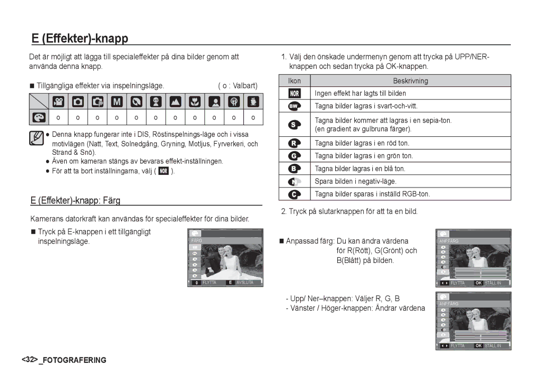 Samsung EC-S1060BDA/E3, EC-S1060SDA/E3, EC-S1060SBA/E2 manual † Š ‰, Effekter-knapp Färg, Upp/ Ner-knappen Väljer R, G, B 