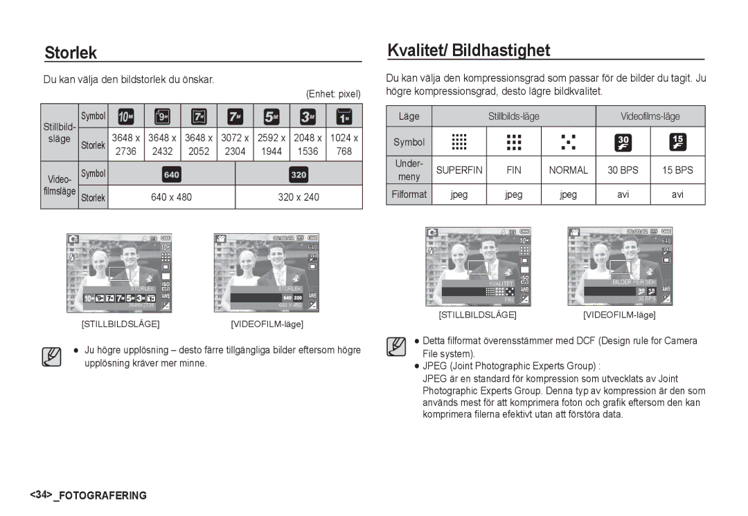 Samsung EC-S1060SBA/E2, EC-S1060BDA/E3 manual Storlek, Kvalitet/ Bildhastighet, Du kan välja den bildstorlek du önskar 