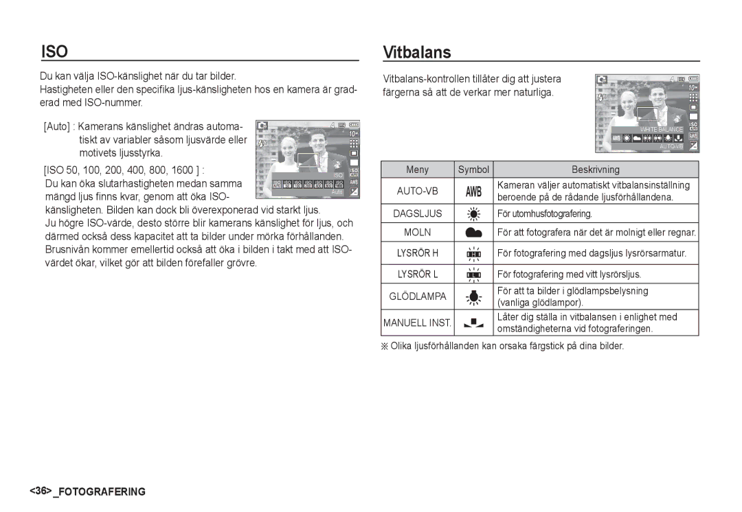 Samsung EC-S1050SBB/E2, EC-S1060BDA/E3, EC-S1060SDA/E3, EC-S1060SBA/E2, EC-S1050BDA/DE, EC-S1060BBA/E2 manual Vitbalans 