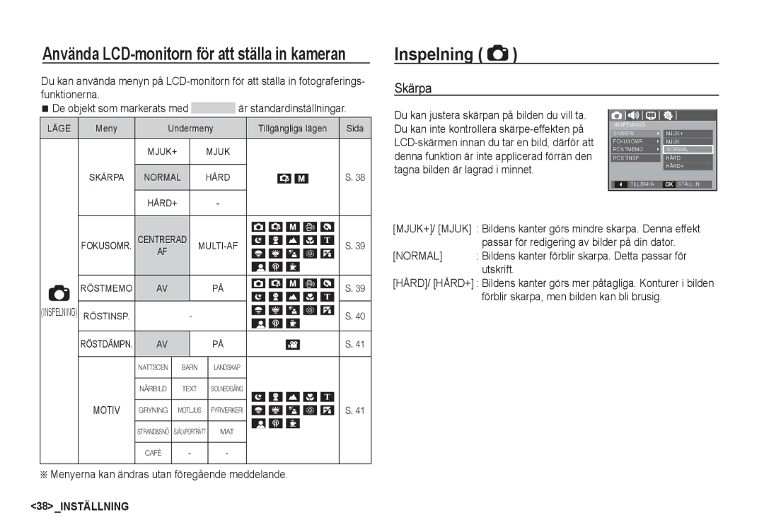 Samsung EC-S1050SDA/DE Inspelning, Skärpa, Menyerna kan ändras utan föregående meddelande, Tagna bilden är lagrad i minnet 