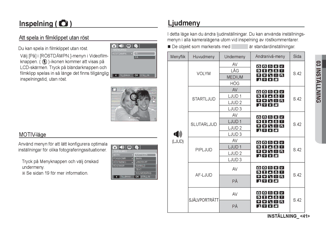 Samsung EC-S1050BBC/E2 manual Ljudmeny, Att spela in ﬁlmklippet utan röst, MOTIV-läge, Du kan spela in ﬁlmklippet utan röst 