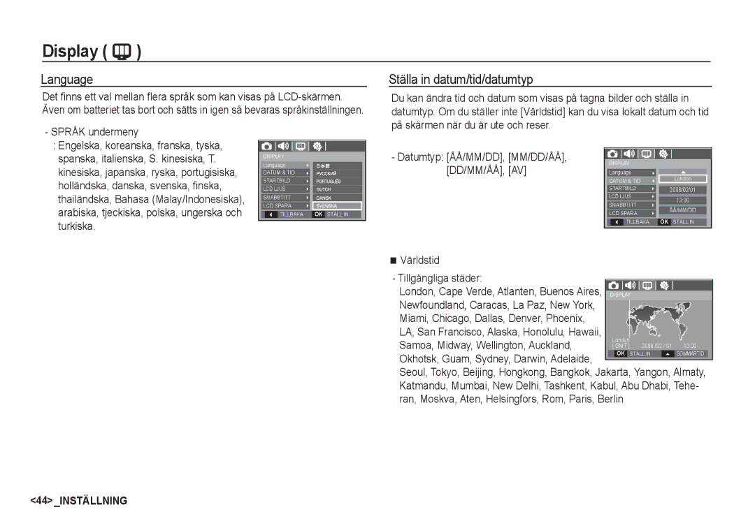 Samsung EC-S1060SDA/E3, EC-S1060BDA/E3, EC-S1060SBA/E2, EC-S1050BDA/DE manual Display, Language Ställa in datum/tid/datumtyp 