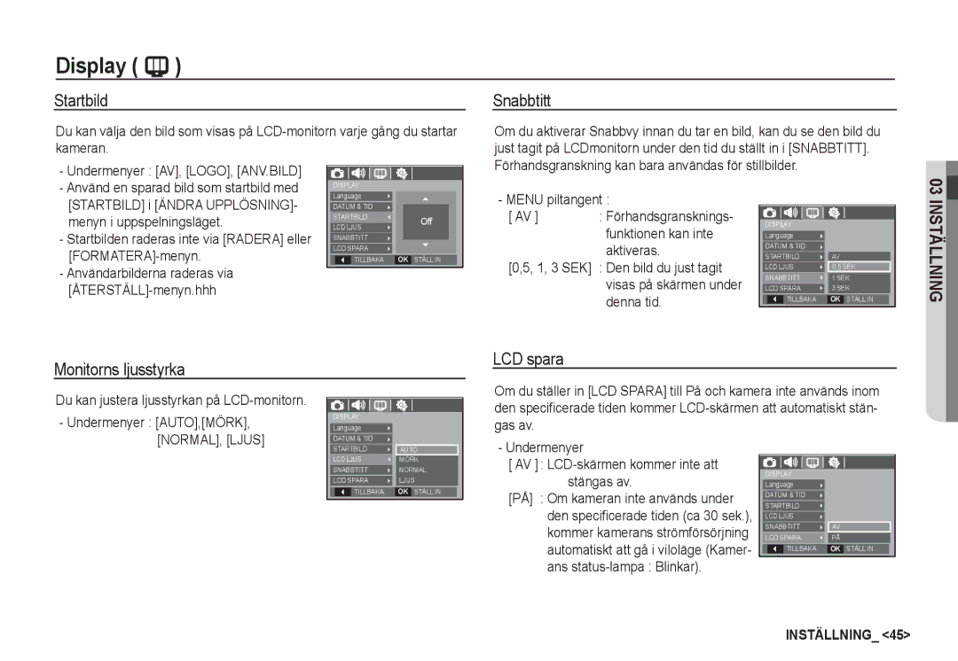 Samsung EC-S1060SBA/E2, EC-S1060BDA/E3, EC-S1060SDA/E3, EC-S1050BDA/DE Startbild, Snabbtitt, Monitorns ljusstyrka LCD spara 