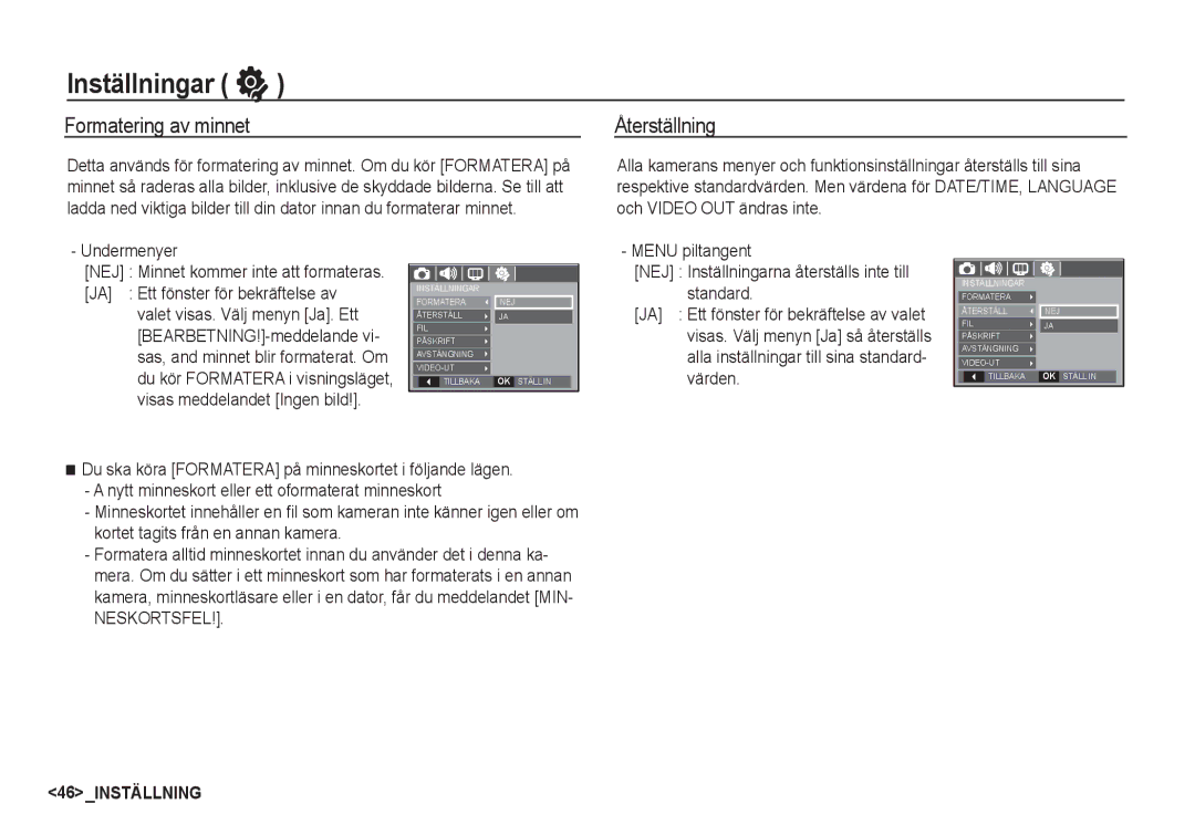 Samsung EC-S1050BDA/DE manual Inställningar, Formatering av minnet, Återställning, NEJ Minnet kommer inte att formateras 