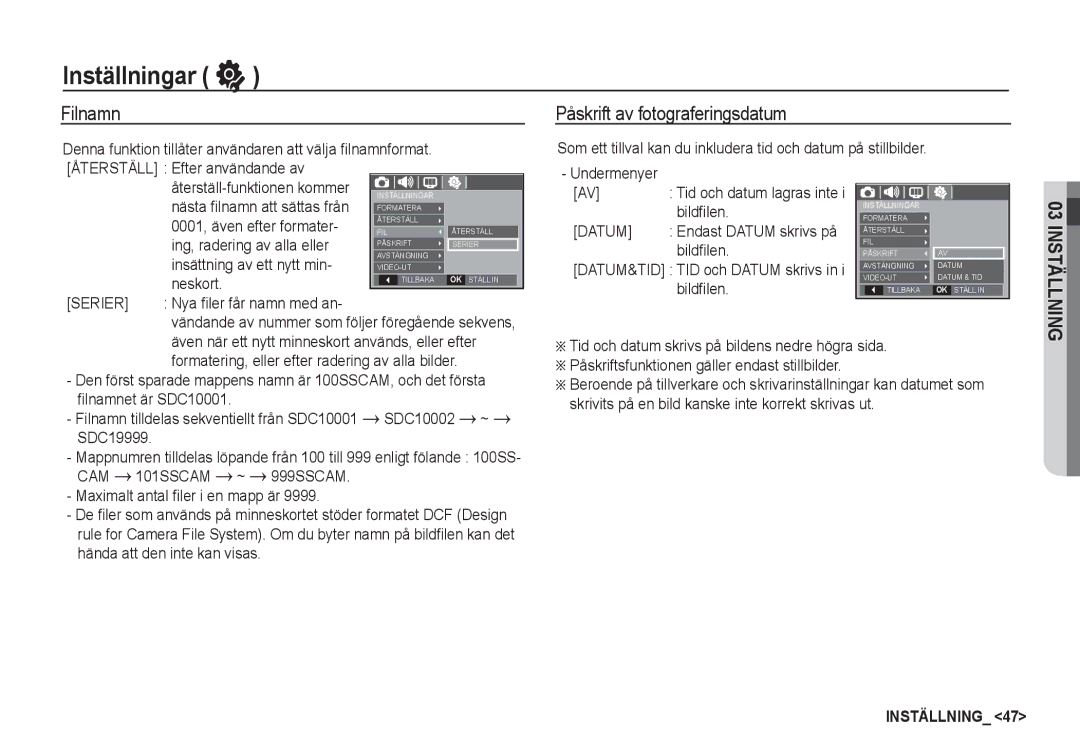 Samsung EC-S1050SBB/E2, EC-S1060BDA/E3, EC-S1060SDA/E3, EC-S1060SBA/E2 manual Filnamn, Påskrift av fotograferingsdatum 