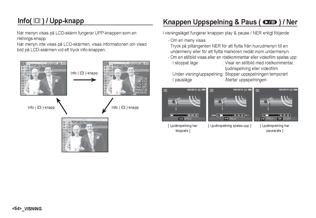 Samsung EC-S1060BDA/E3, EC-S1060SDA/E3 manual Info î / Upp-knapp, Knappen Uppspelning & Paus Ø / Ner, ·I stoppat läge 