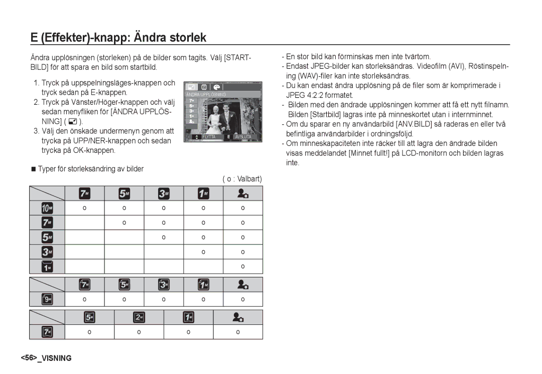 Samsung EC-S1060SBA/E2, EC-S1060BDA/E3, EC-S1060SDA/E3, EC-S1050BDA/DE, EC-S1050SBB/E2 manual Effekter-knapp Ändra storlek 