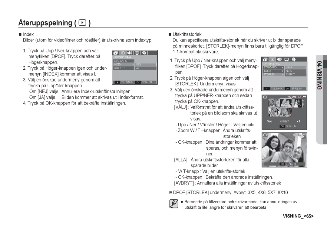 Samsung EC-S1060BDA/E3 Högerknappen, Menyn Index kommer att visas l, Pen, STORLEK. Undermenyn visasl, Visas, Storleken 