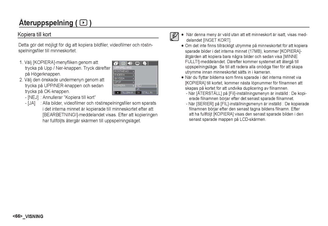 Samsung EC-S1060SDA/E3 manual På Högerknappen, NEJ Annullerar Kopiera till kort, Välj KOPIERA-menyfliken genom att 