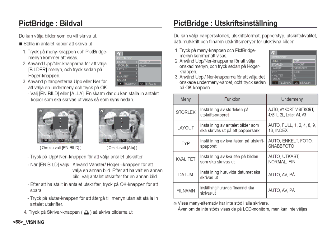 Samsung EC-S1050BDA/DE, EC-S1060BDA/E3, EC-S1060SDA/E3, EC-S1060SBA/E2 PictBridge Bildval, PictBridge Utskriftsinställning 