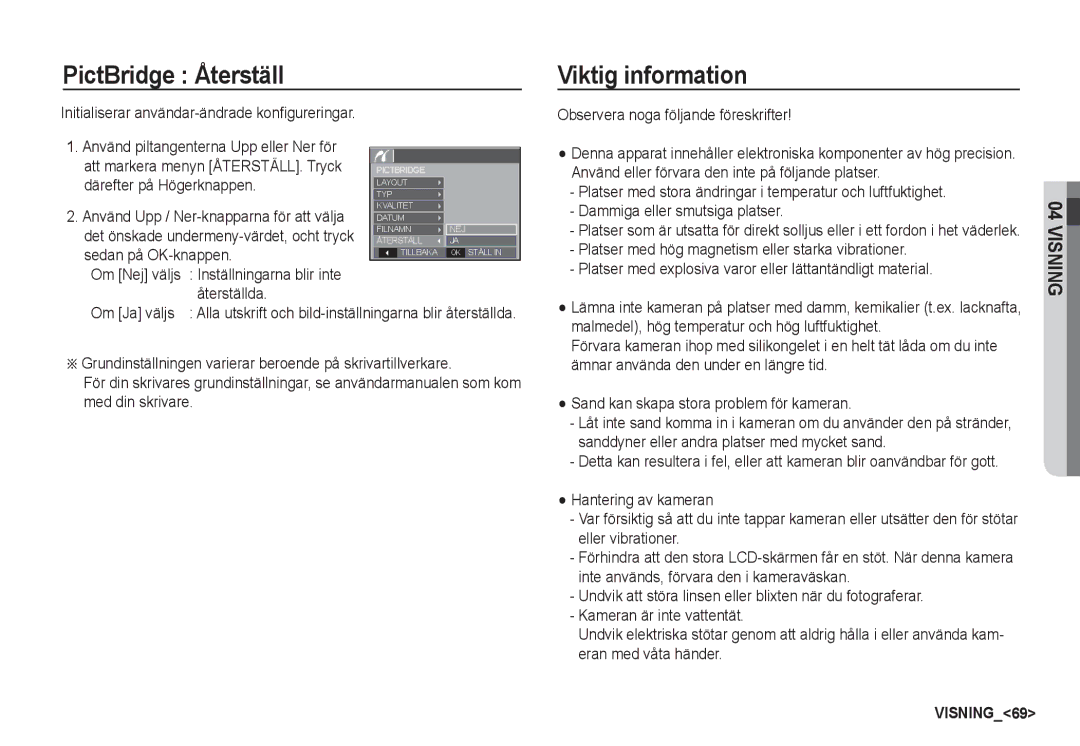 Samsung EC-S1050SBB/E2 manual PictBridge Återställ, Viktig information, Därefter på Högerknappen, Sedan på OK-knappen 