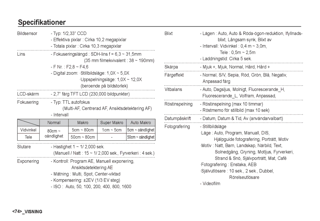 Samsung EC-S1050BBC/E2, EC-S1060BDA/E3, EC-S1060SDA/E3, EC-S1060SBA/E2, EC-S1050BDA/DE, EC-S1050SBB/E2 manual Specifikationer 