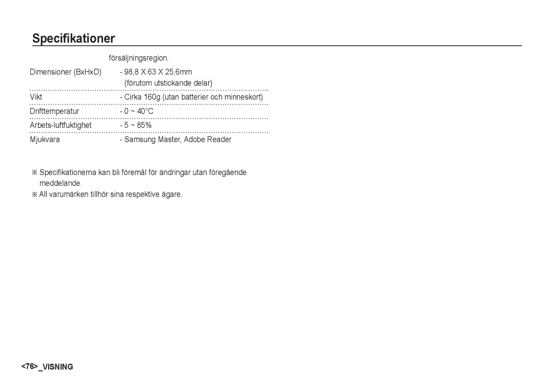 Samsung EC-S1060BDA/E3 manual Försäljningsregion, 98,8 X 63 X 25,6mm, Förutom utstickande delar, Vikt, Dimensioner BxHxD 