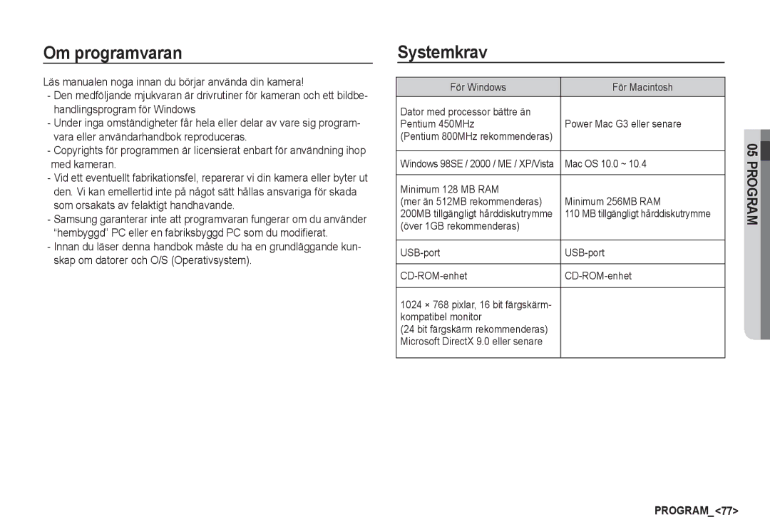 Samsung EC-S1060SDA/E3, EC-S1060BDA/E3, EC-S1060SBA/E2, EC-S1050BDA/DE, EC-S1050SBB/E2 manual Om programvaran, Systemkrav 