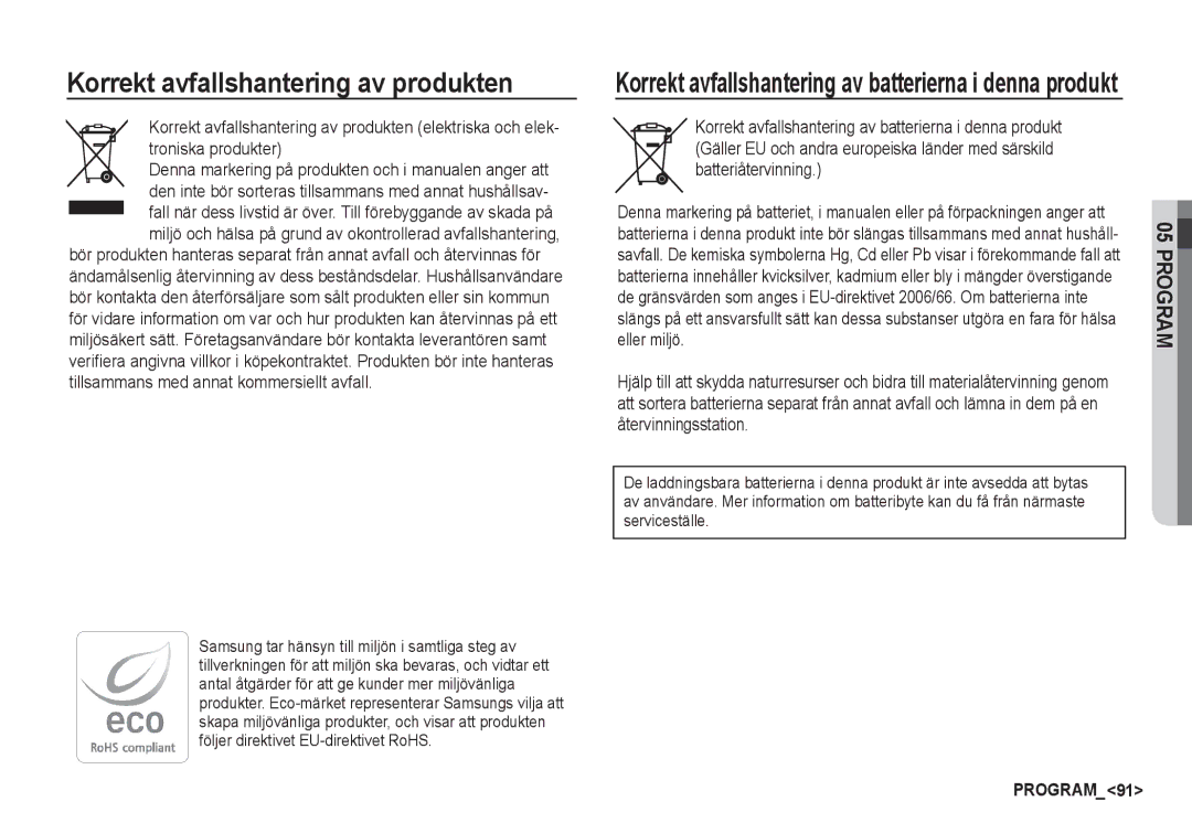 Samsung EC-S1050SBB/E2 Korrekt avfallshantering av produkten, Korrekt avfallshantering av batterierna i denna produkt 