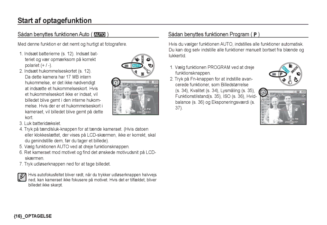 Samsung EC-S1050SDA/DE manual Start af optagefunktion, Sådan benyttes funktionen Auto μ, Sådan benyttes funktionen Program 