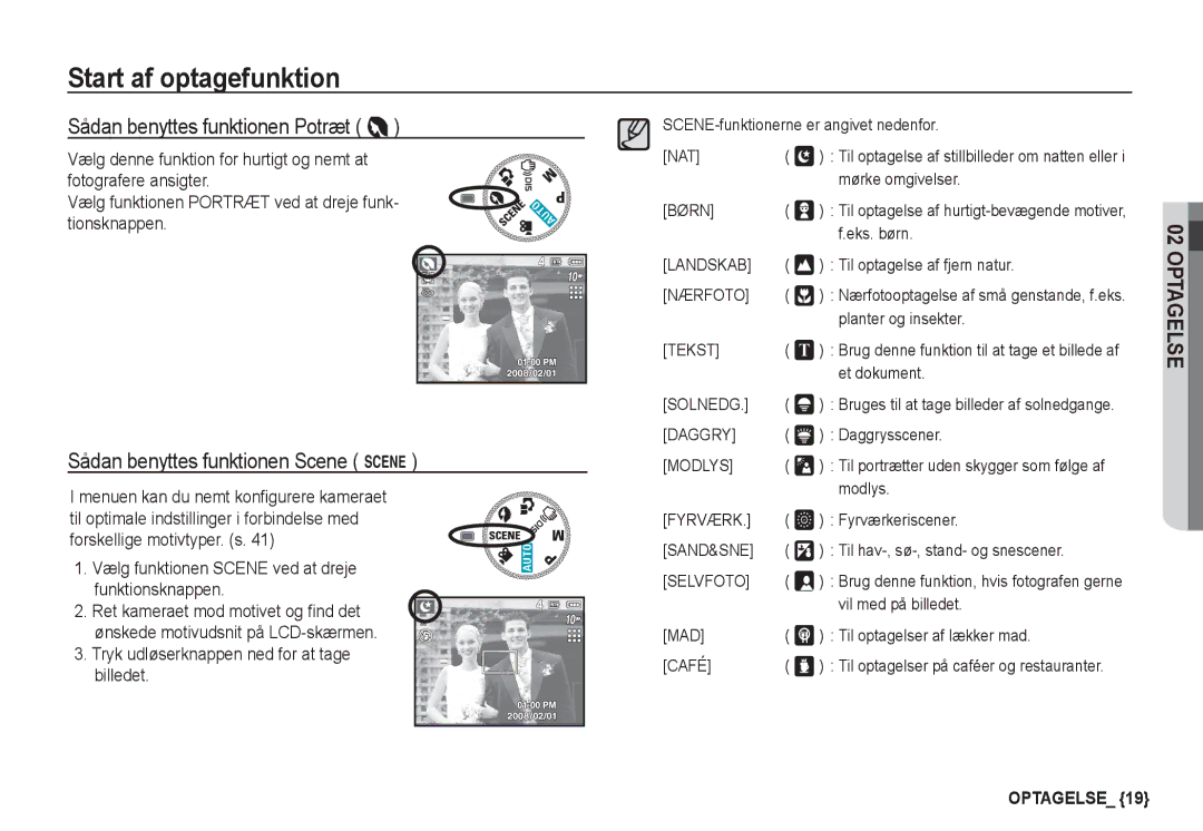 Samsung EC-S1050BBC/E2 manual Sådan benyttes funktionen Potræt, Vælg funktionen Scene ved at dreje funktionsknappen 