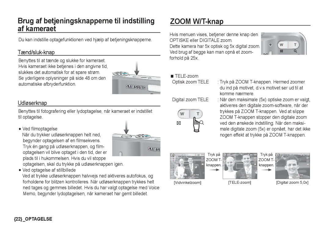 Samsung EC-S1060SDA/E3 Brug af betjeningsknapperne til indstilling af kameraet, Zoom W/T-knap, Tænd/sluk-knap, Udløserknap 