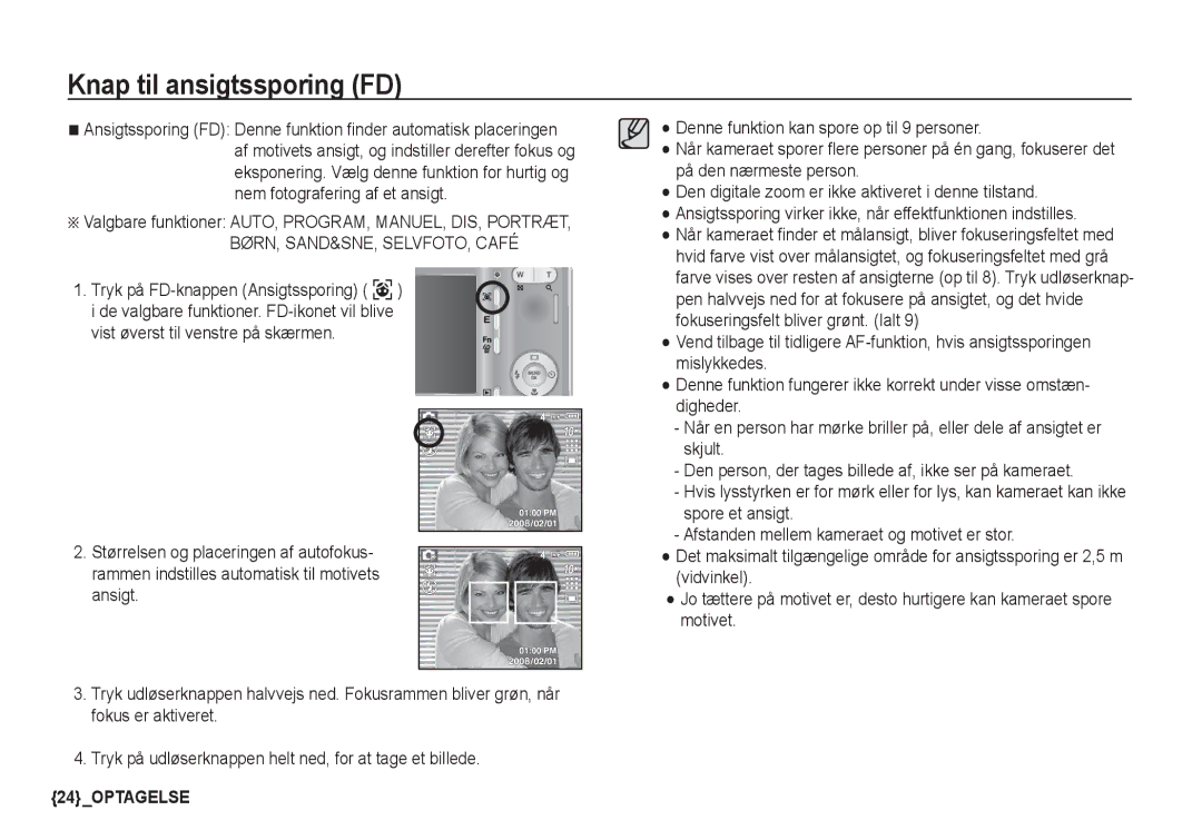 Samsung EC-S1050BDA/DE, EC-S1060BDA/E3, EC-S1060SDA/E3 manual Knap til ansigtssporing FD, Tryk på FD-knappen Ansigtssporing 