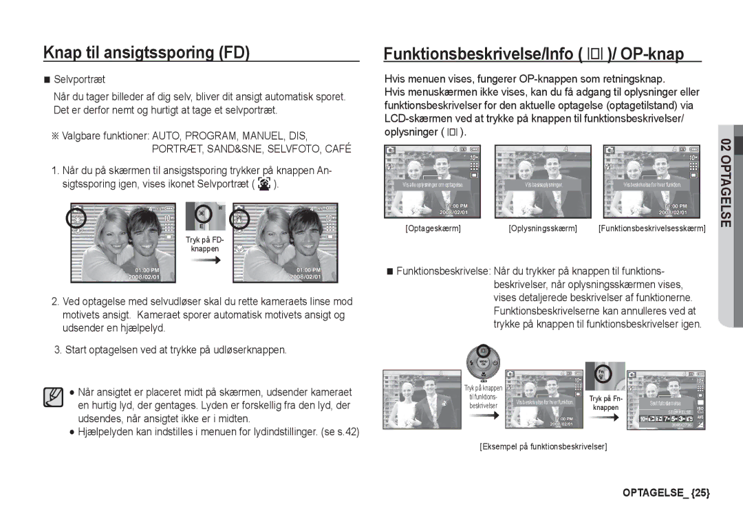 Samsung EC-S1050SBB/E2, EC-S1060BDA/E3, EC-S1060SDA/E3, EC-S1060SBA/E2 manual Valgbare funktioner AUTO, PROGRAM, MANUEL, DIS 