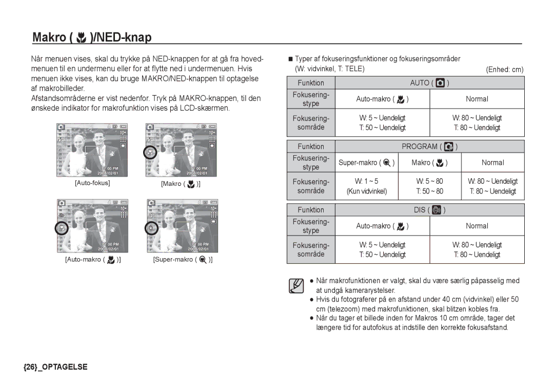 Samsung EC-S1060BBA/E2, EC-S1060BDA/E3, EC-S1060SDA/E3, EC-S1060SBA/E2 manual Makro e /NED-knap, Super-makro Makro e, DIS ÿ 