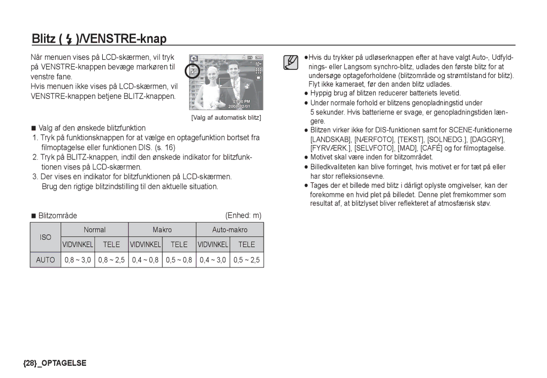 Samsung EC-S1050BBB/E2, EC-S1060BDA/E3, EC-S1060SDA/E3, EC-S1060SBA/E2, EC-S1050BDA/DE manual Blitz /VENSTRE-knap, Blitzområde 