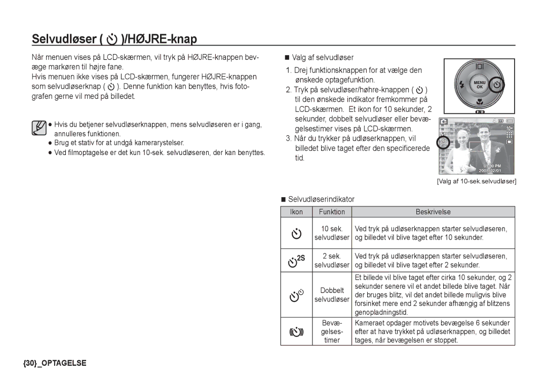 Samsung EC-S1050BBC/E2, EC-S1060BDA/E3, EC-S1060SDA/E3, EC-S1060SBA/E2 manual Selvudløser /HØJRE-knap, Valg af selvudløser 