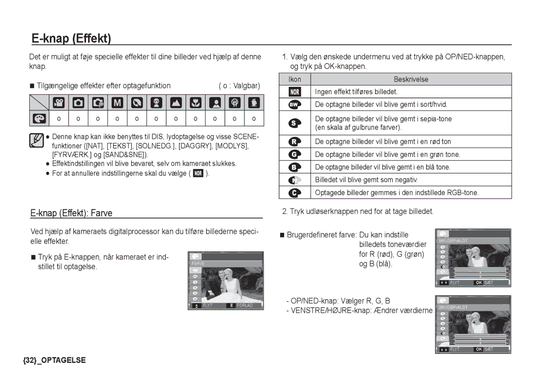 Samsung EC-S1060BDA/E3, EC-S1060SDA/E3 † Š ‰, Knap Effekt Farve, Stillet til optagelse, OP/NED-knap Vælger R, G, B 