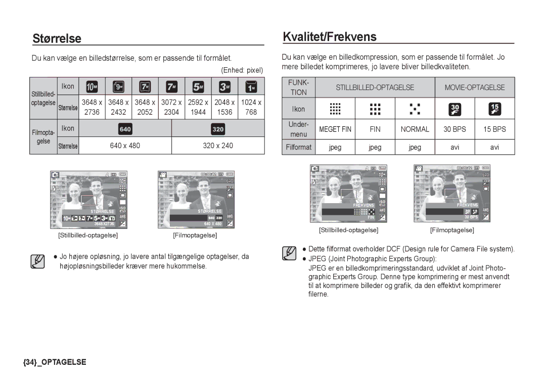 Samsung EC-S1060SBA/E2, EC-S1060BDA/E3, EC-S1060SDA/E3, EC-S1050BDA/DE, EC-S1050SBB/E2 manual Størrelse, Kvalitet/Frekvens 