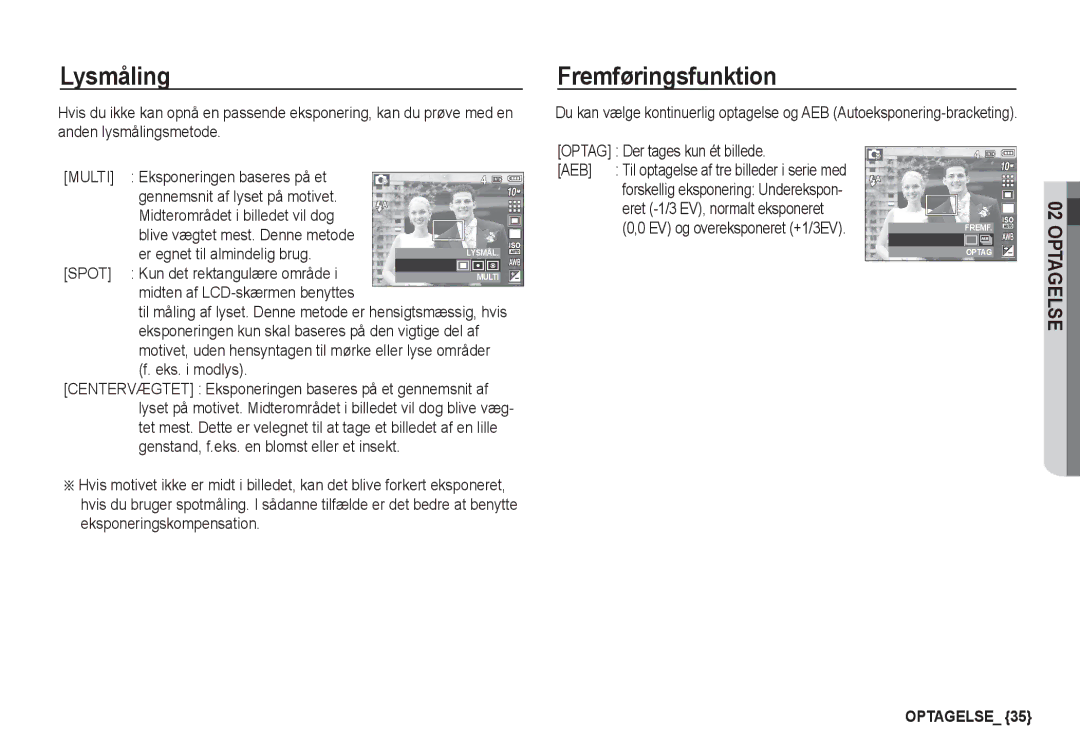 Samsung EC-S1050BDA/DE, EC-S1060BDA/E3, EC-S1060SDA/E3, EC-S1060SBA/E2, EC-S1050SBB/E2 manual Lysmåling, Fremføringsfunktion 