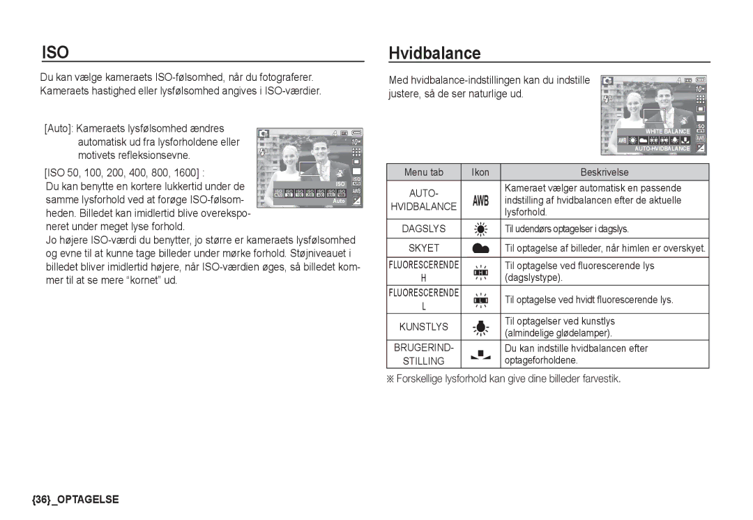 Samsung EC-S1050SBB/E2, EC-S1060BDA/E3 manual Hvidbalance, ISO 50, 100, 200, 400, 800, Neret under meget lyse forhold 