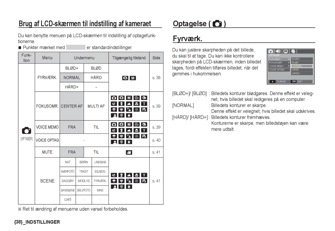 Samsung EC-S1050SDA/DE, EC-S1060BDA/E3 manual Optagelse Fyrværk, Punkter mærket med er standardindstillinger, Undermenu 