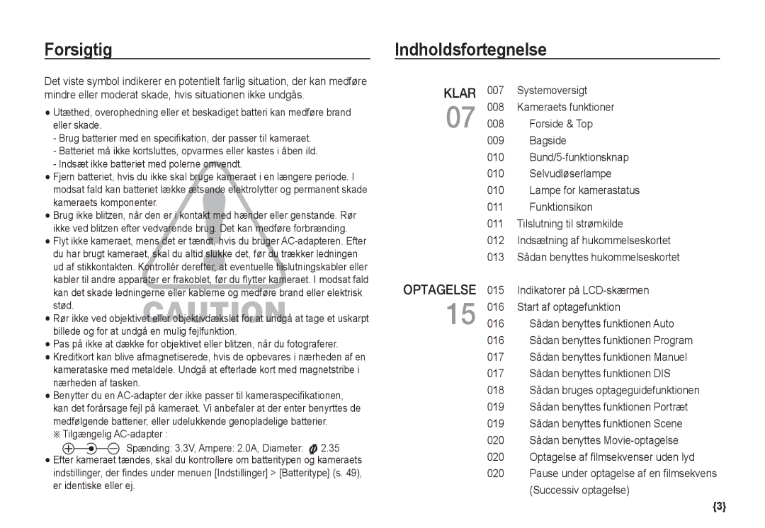 Samsung EC-S1050SBB/E2, EC-S1060BDA/E3, EC-S1060SDA/E3, EC-S1060SBA/E2 Forsigtig, Indholdsfortegnelse, Successiv optagelse 