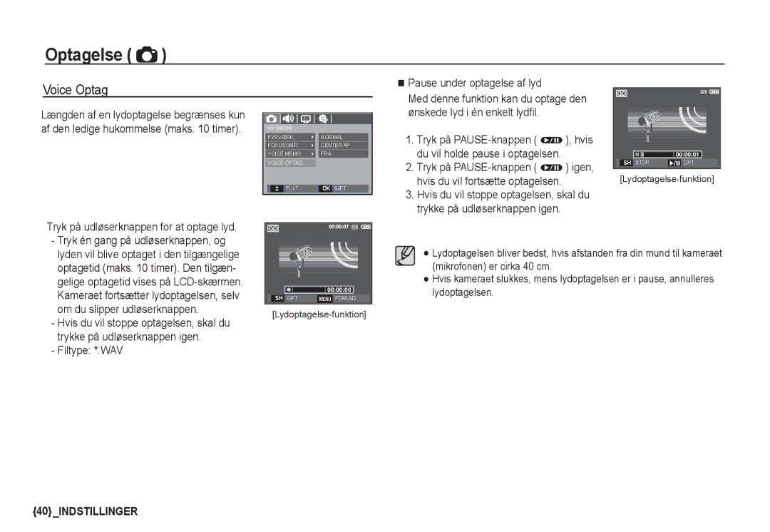 Samsung EC-S1050SFG/E2, EC-S1060BDA/E3, EC-S1060SDA/E3, EC-S1060SBA/E2, EC-S1050BDA/DE, EC-S1050SBB/E2 manual Voice Optag 