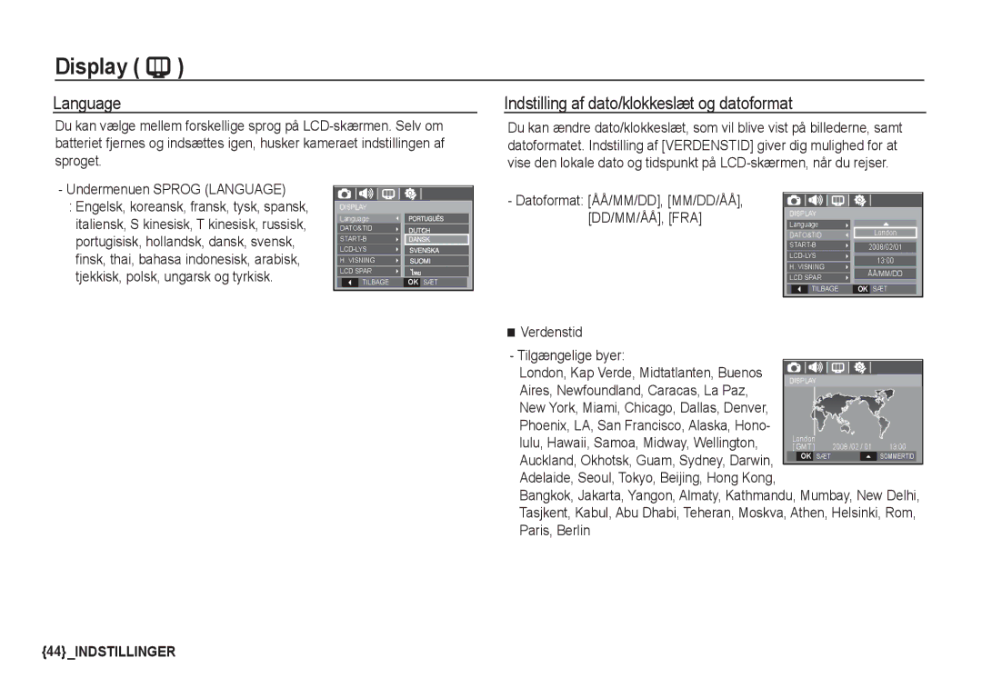 Samsung EC-S1060SDA/E3 manual Display, Indstilling af dato/klokkeslæt og datoformat, Undermenuen Sprog Language 