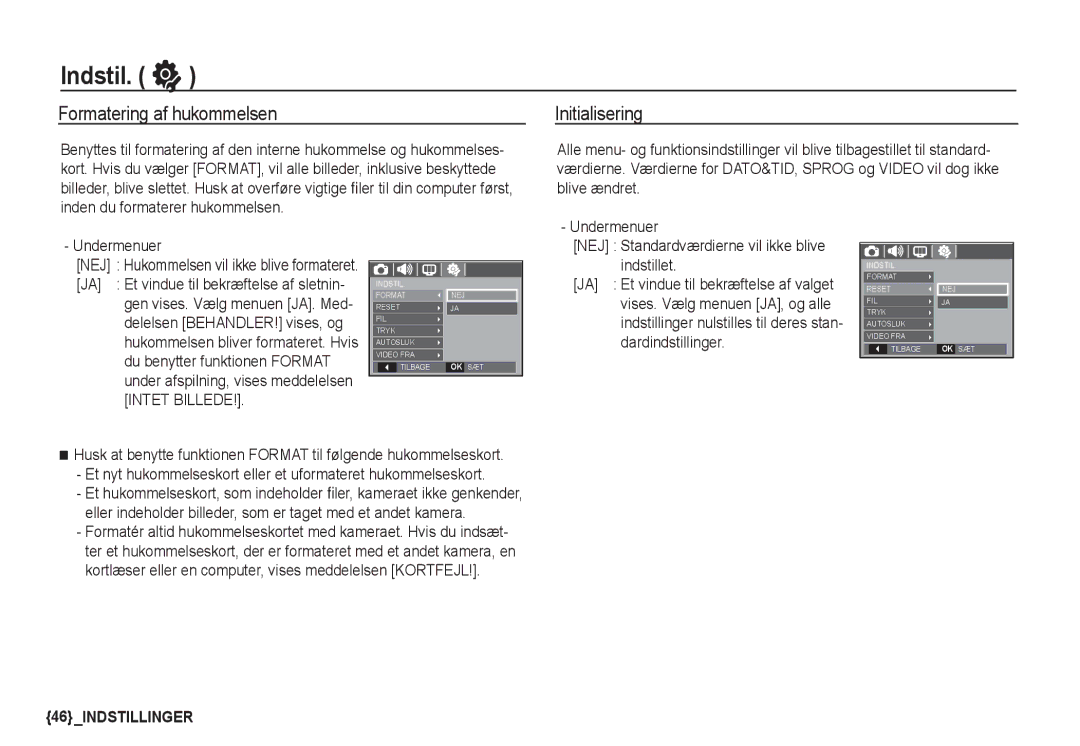 Samsung EC-S1050BDA/DE, EC-S1060BDA/E3, EC-S1060SDA/E3, EC-S1060SBA/E2 Indstil, Formatering af hukommelsen, Initialisering 