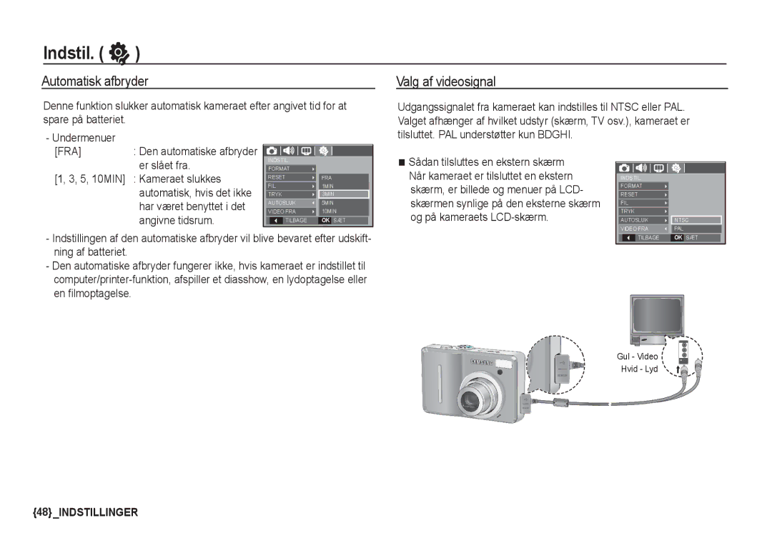 Samsung EC-S1060BBA/E2, EC-S1060BDA/E3, EC-S1060SDA/E3, EC-S1060SBA/E2 manual Automatisk afbryder, Valg af videosignal 