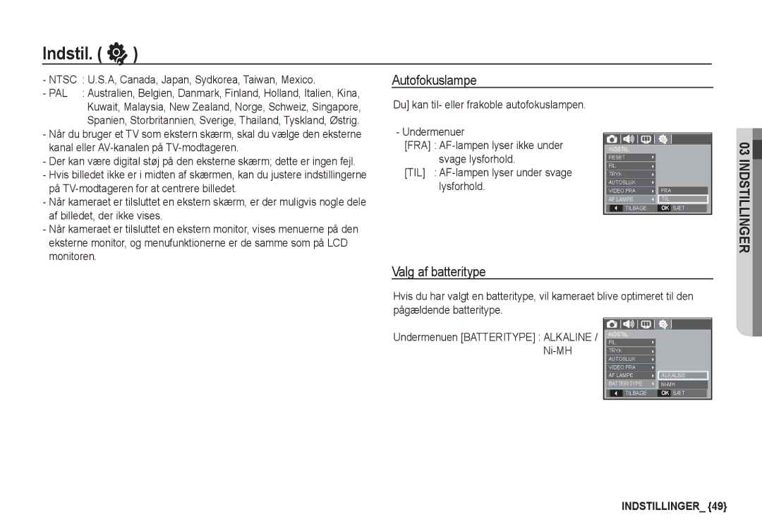 Samsung EC-S1050SDA/DE, EC-S1060BDA/E3 Autofokuslampe, Valg af batteritype, A, Canada, Japan, Sydkorea, Taiwan, Mexico 