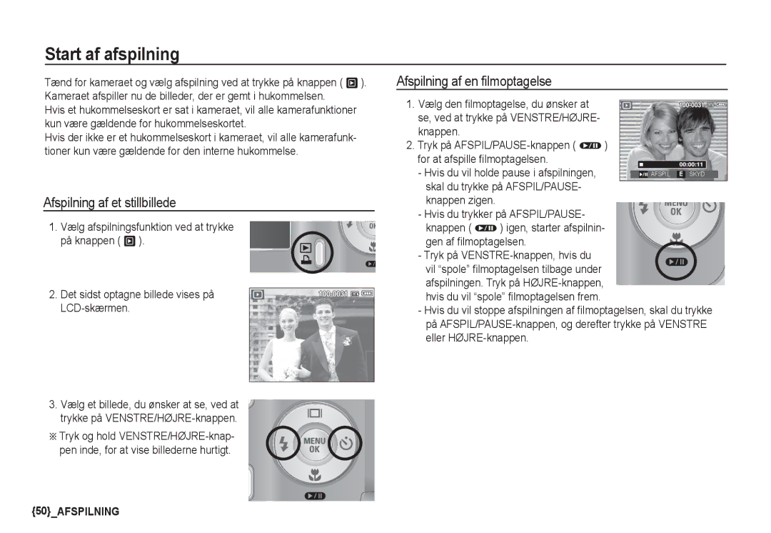 Samsung EC-S1050BBB/E2, EC-S1060BDA/E3 Start af afspilning, Afspilning af et stillbillede, Afspilning af en filmoptagelse 