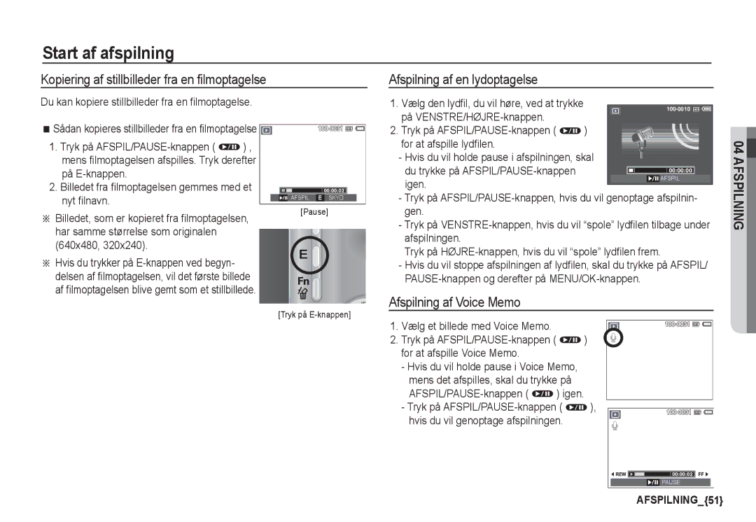 Samsung EC-S1050SFG/E2, EC-S1060BDA/E3 manual Kopiering af stillbilleder fra en filmoptagelse, Afspilning af en lydoptagelse 