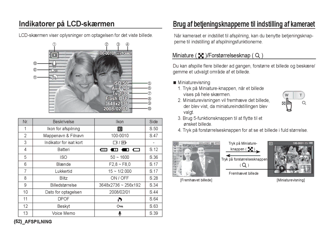 Samsung EC-S1050BBC/E2 manual Brug af betjeningsknapperne til indstilling af kameraet, Miniature º /Forstørrelsesknap í 