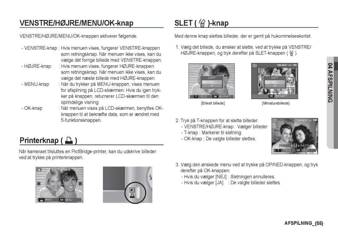 Samsung EC-S1060SDA/E3, EC-S1060BDA/E3, EC-S1060SBA/E2, EC-S1050BDA/DE manual VENSTRE/HØJRE/MENU/OK-knap, Printerknap » 