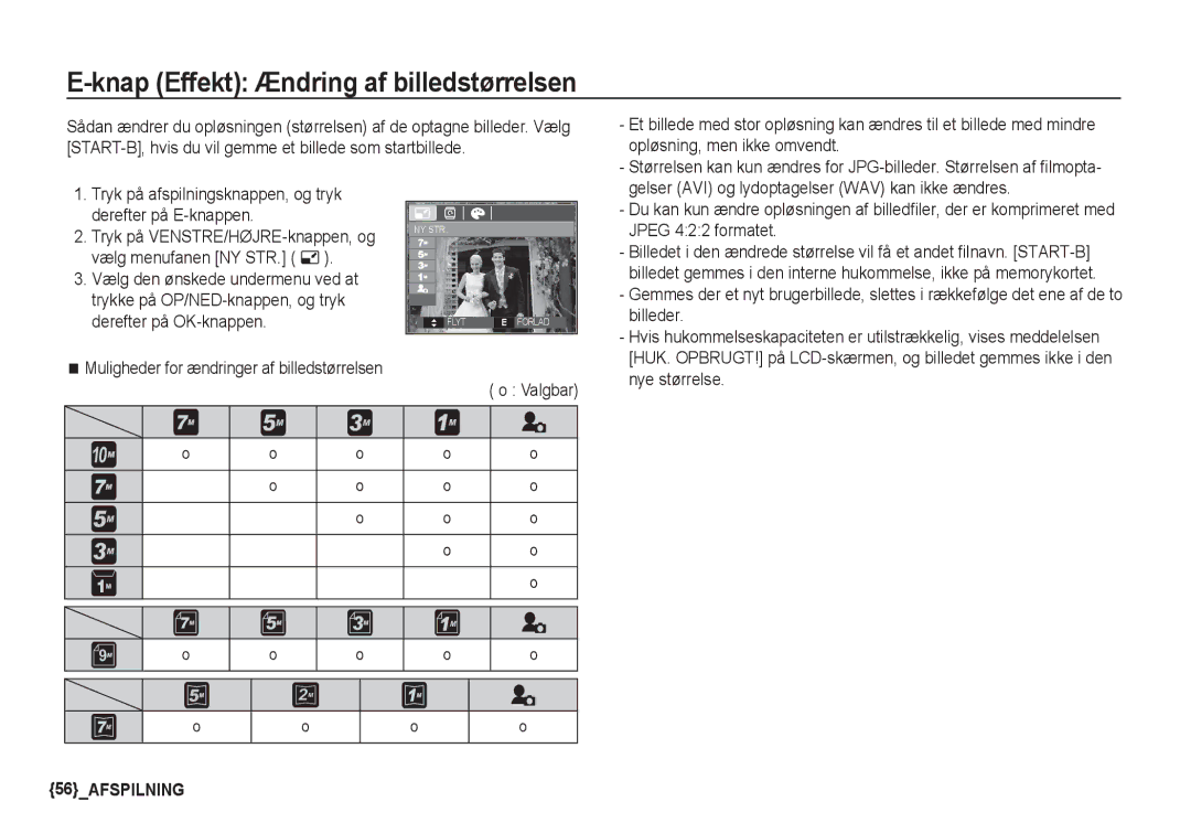 Samsung EC-S1060SBA/E2, EC-S1060BDA/E3, EC-S1060SDA/E3, EC-S1050BDA/DE manual Knap Effekt Ændring af billedstørrelsen 