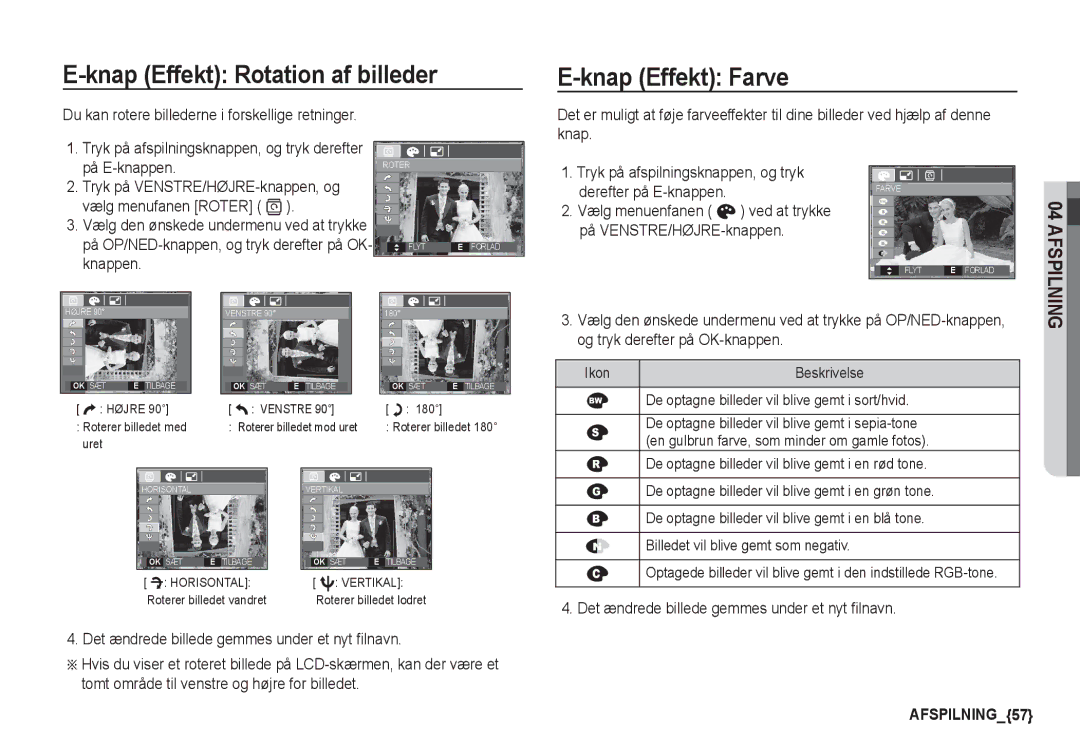 Samsung EC-S1050BDA/DE, EC-S1060BDA/E3, EC-S1060SDA/E3, EC-S1060SBA/E2 Knap Effekt Rotation af billeder, Knap Effekt Farve 