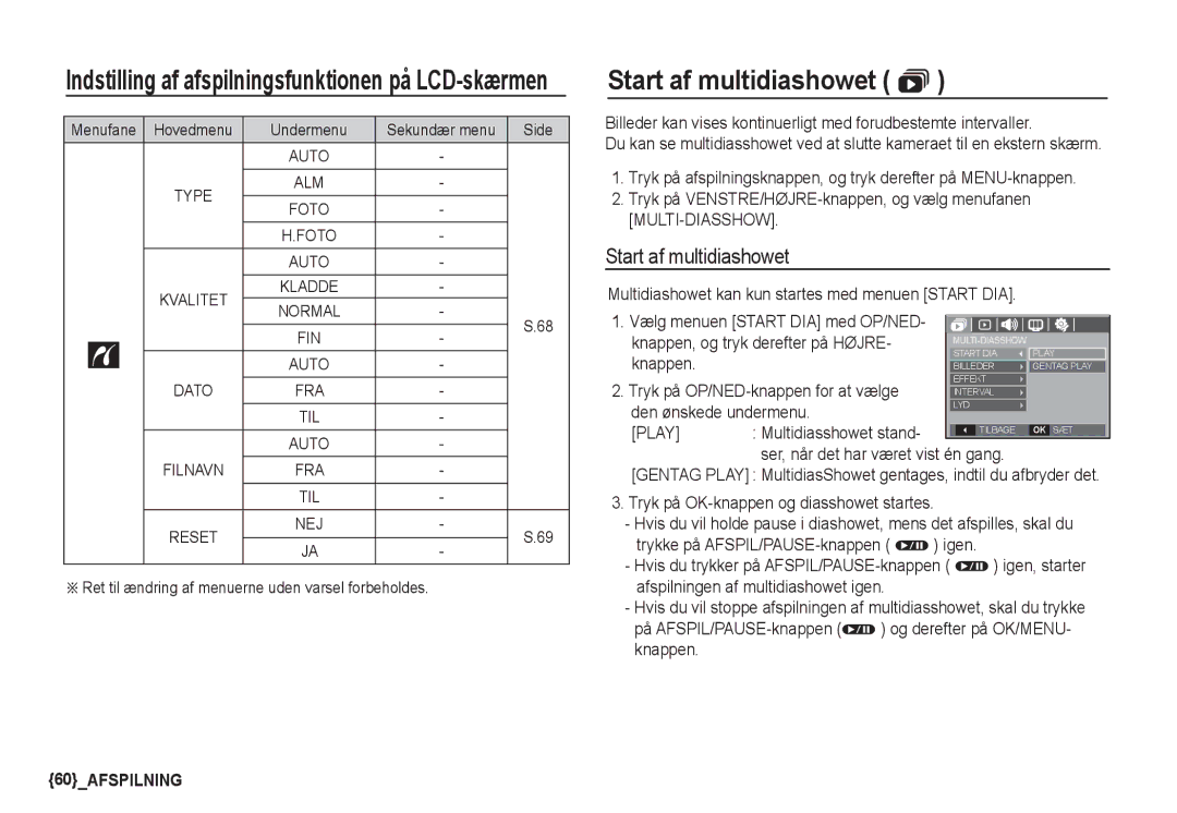 Samsung EC-S1050SDA/DE, EC-S1060BDA/E3, EC-S1060SDA/E3, EC-S1060SBA/E2, EC-S1050BDA/DE manual Start af multidiashowet  