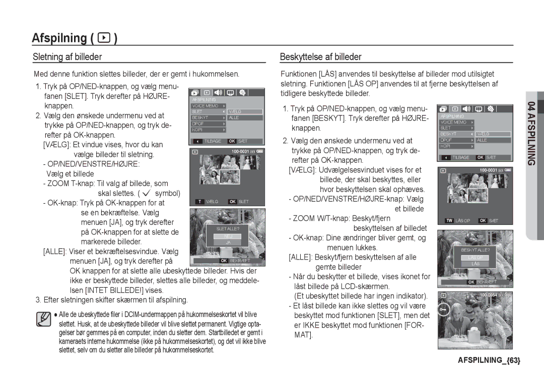 Samsung EC-S1050BBC/E2, EC-S1060BDA/E3, EC-S1060SDA/E3, EC-S1060SBA/E2 manual Sletning af billeder Beskyttelse af billeder 