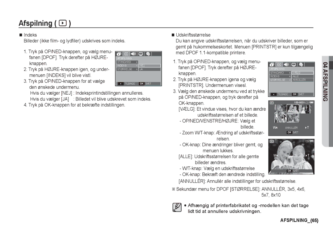 Samsung EC-S1060BDA/E3 manual Indeks Billeder ikke film- og lydfiler udskrives som indeks, Menuen Indeks vil blive vistl 